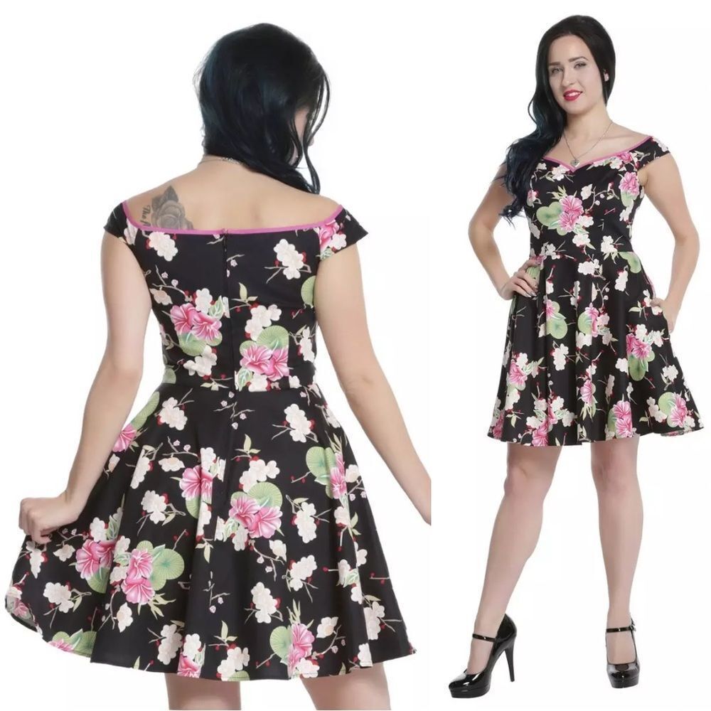 Hell Bunny Freya Japanese Cherry Blossom Floral Off The Shoulder Dress Small NEW